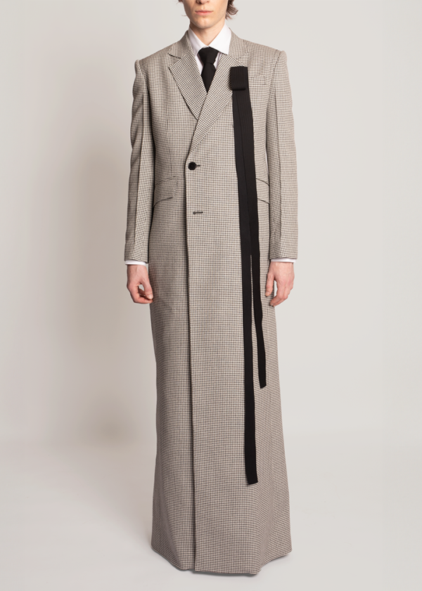 Avanteleir x Kyle Ho: elongated micro gingham wool db coat with strap