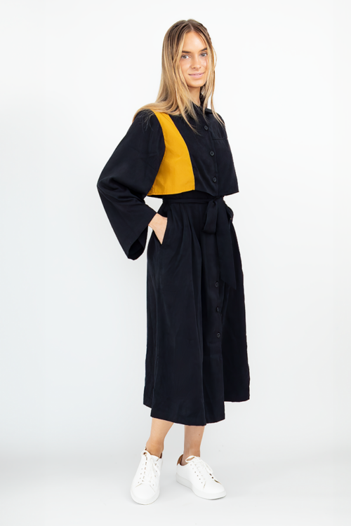 Avantelier selects ethical Outfits for you _ CHERNG Yellow Color-Blocking Panel Black Dress