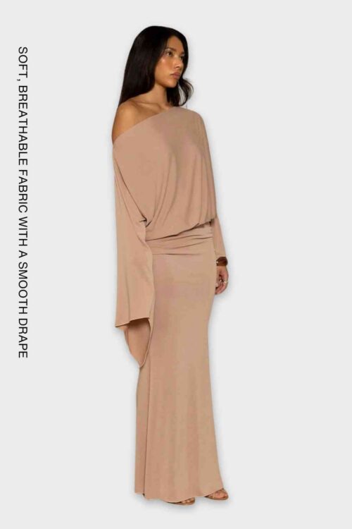 Caramel Beige off-shoulder maxi dress with wide sleeves and soft drape