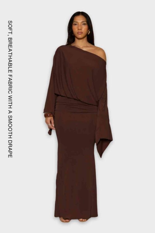 brown off-shoulder maxi dress with wide sleeves and soft drape