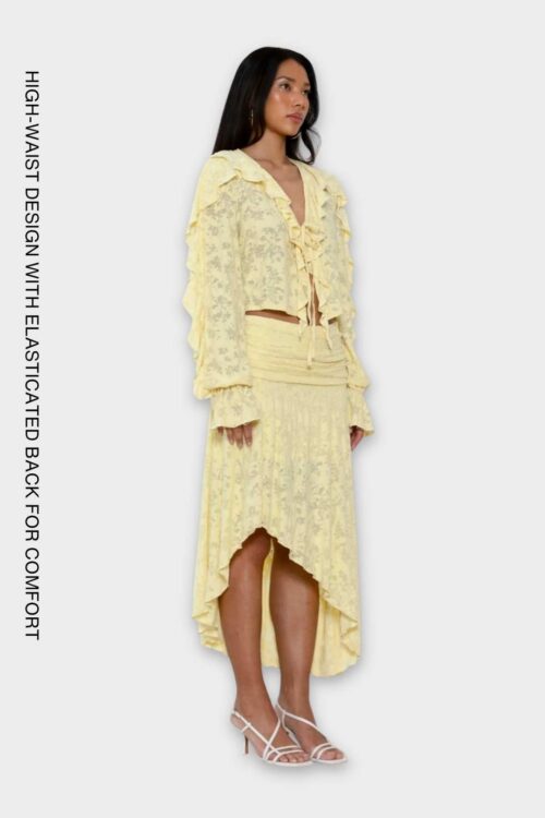 Yellow floral jacquard asymmetric skirt with high waist and slit