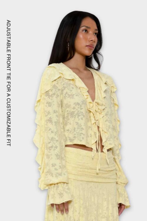 Yellow floral jacquard tie front top with frill sleeves and plunging neckline