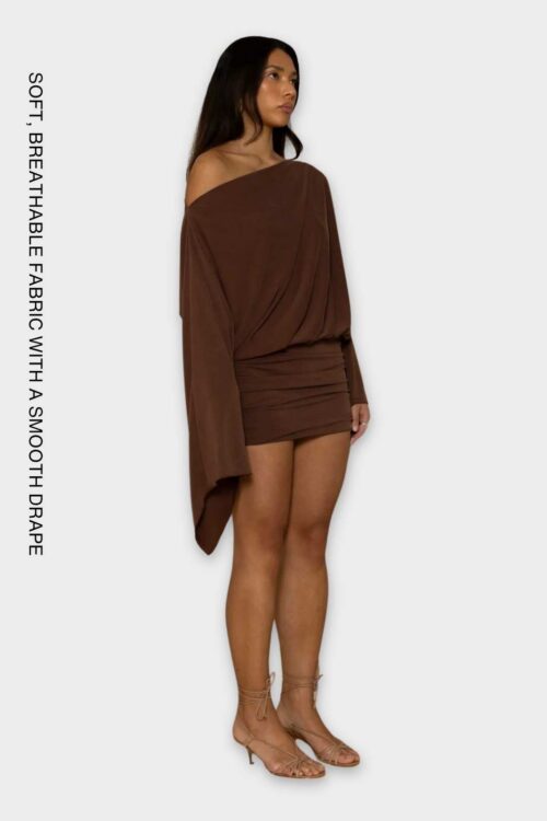Brown off-shoulder mini dress with long sleeves and ruched detail