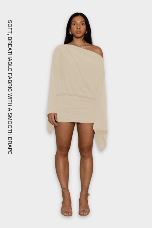 Beige off-shoulder mini dress with long sleeves and ruched detail