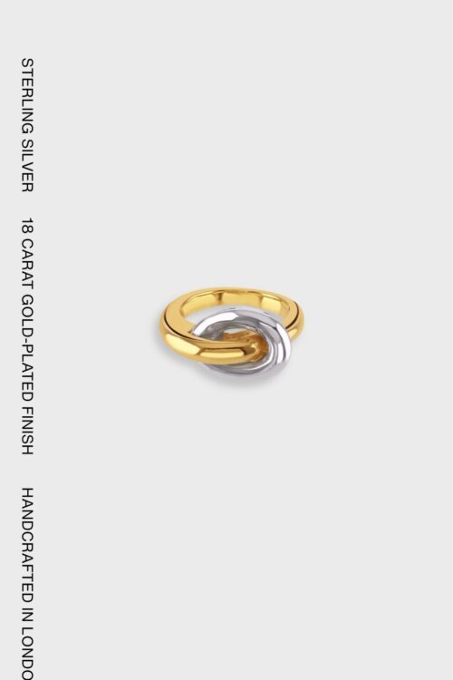Torus Ring in 18 carat gold-plated sterling silver featuring a fluid interlocking sculptural design, handcrafted in London.