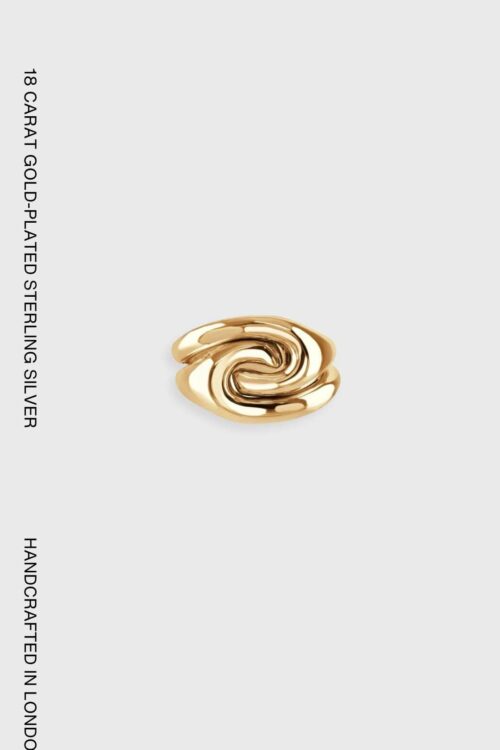 Ravel Ring in 8 carat gold-plated sterling silver featuring fluid, flowing sculptural curves inspired by the movement of water, handcrafted in London.