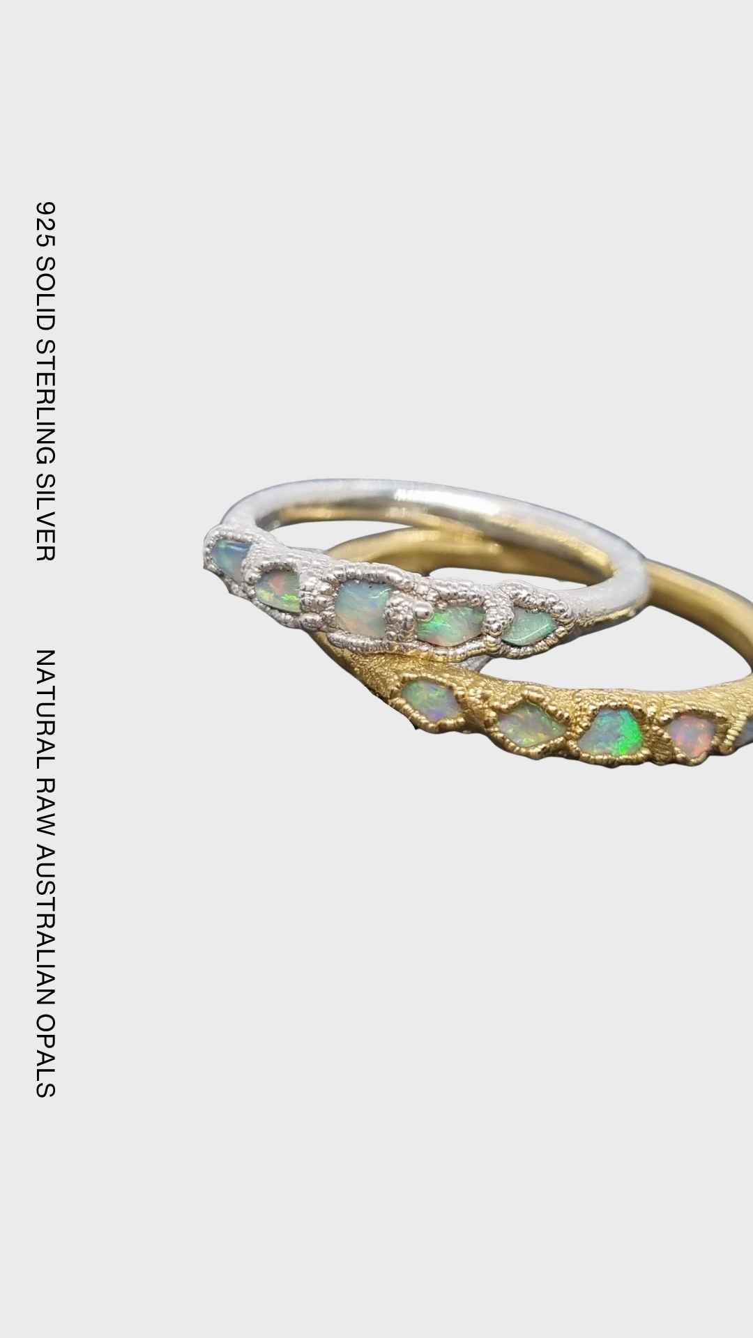 Handcrafted sterling silver ring featuring five natural raw Australian opals set in an organic textured recycled silver band by Jo Cooper.