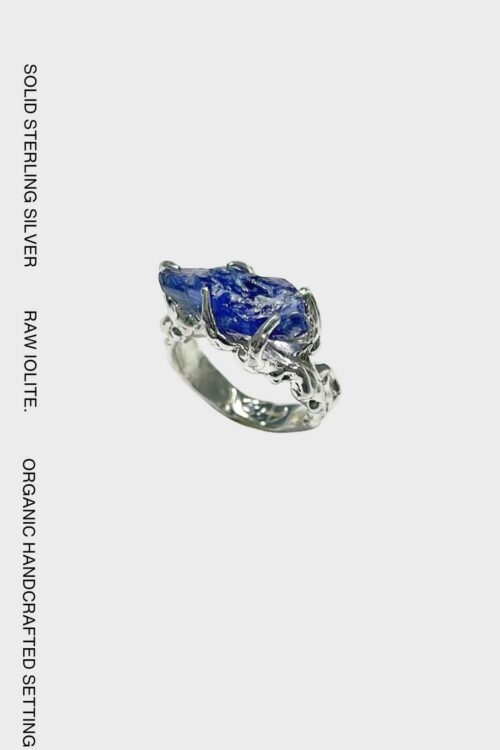 One-of-a-kind 925 sterling silver ring featuring a natural raw iolite gemstone in an organic handcrafted setting.