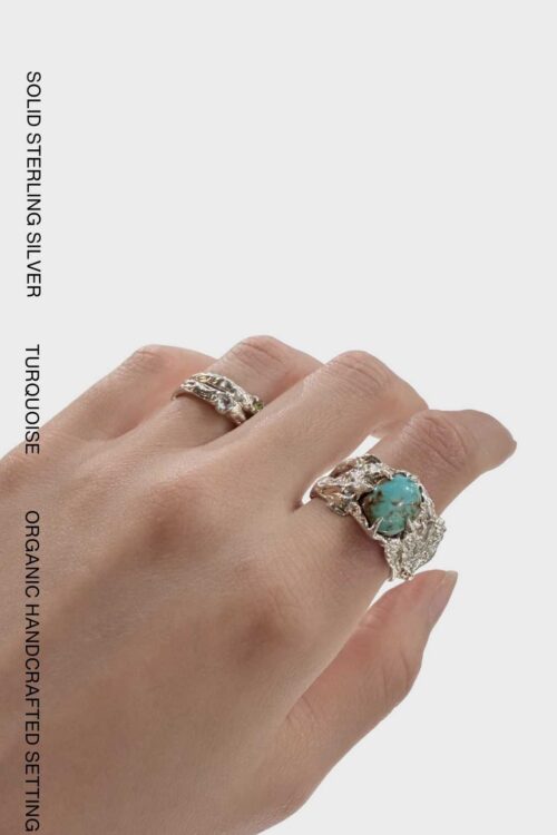 Handcrafted bark texture ring in 925 sterling silver featuring a natural turquoise gemstone in an organic sculptural setting.