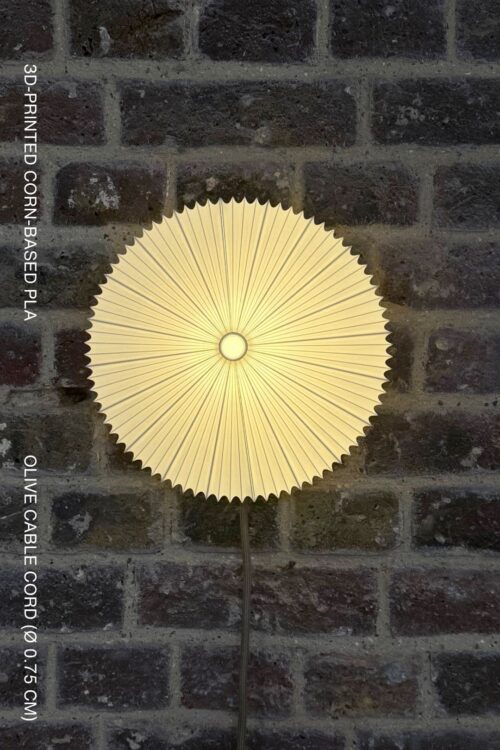 Milky white Sombrilla pendant lamp with a wide sculptural shade, 3D-printed in corn-based PLA and suspended from an olive cable cord.
