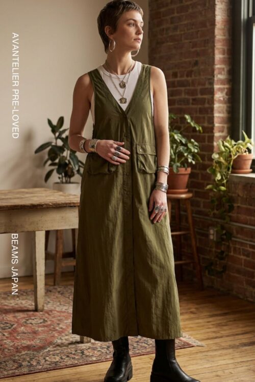 Front and back views of a pre-loved olive-green BEAMS JAPAN sleeveless utility maxi dress with front pockets, button fastening and adjustable tie-back details.