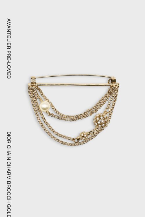 Dior gold-finish chain brooch with CD charms, crystal embellishments and white resin pearl.