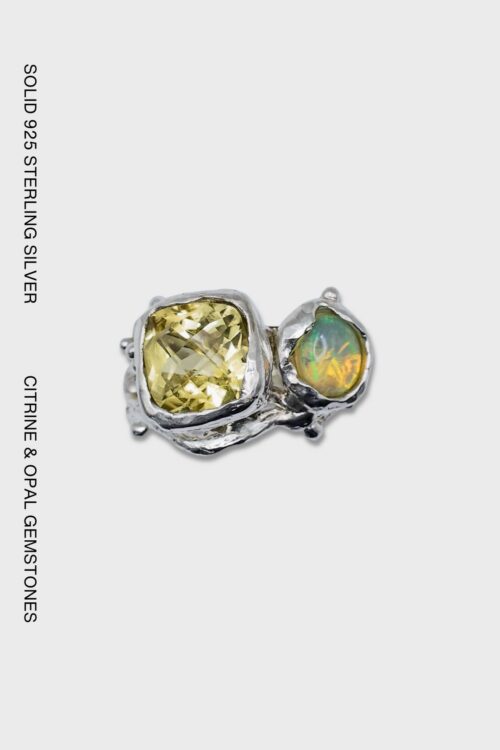 Flow citrine and opal sterling silver ring with organic sculptural setting.