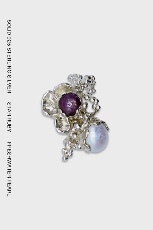 Star ruby and pearl garden sterling silver ring with sculptural floral details and organic textured leaves.